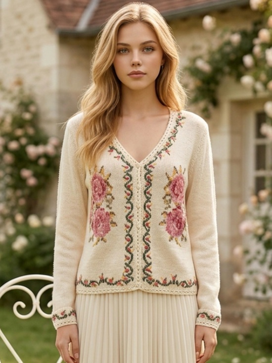 Work In Progress Sweaters - Cream Floral V-Neck Sweater with Pink Rose Embroidery